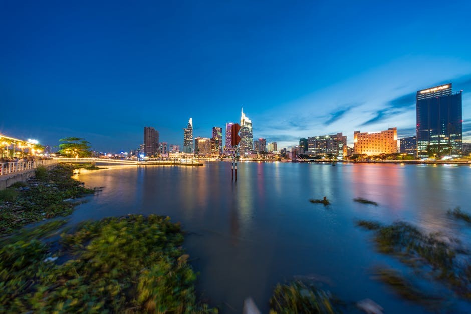 Riverside cityscape and skyline