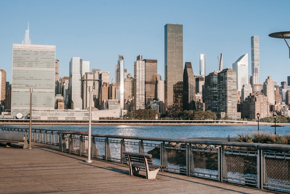 Riverside cityscape and skyline