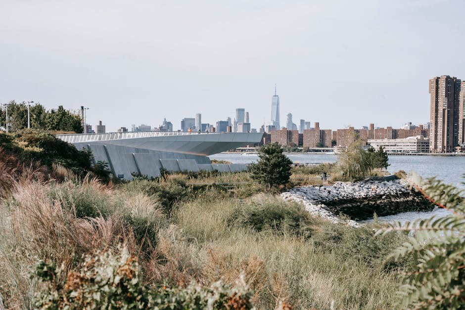 Riverside cityscape and skyline